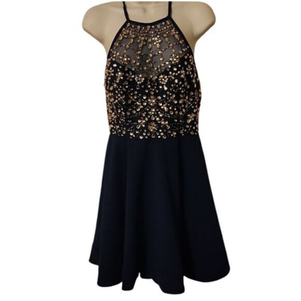 B Darlin Dark Blue Gem Halter Prom Style Dress